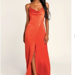 Lulu's Love of Romance Rust Orange Satin Cowl Neck Maxi Dress
